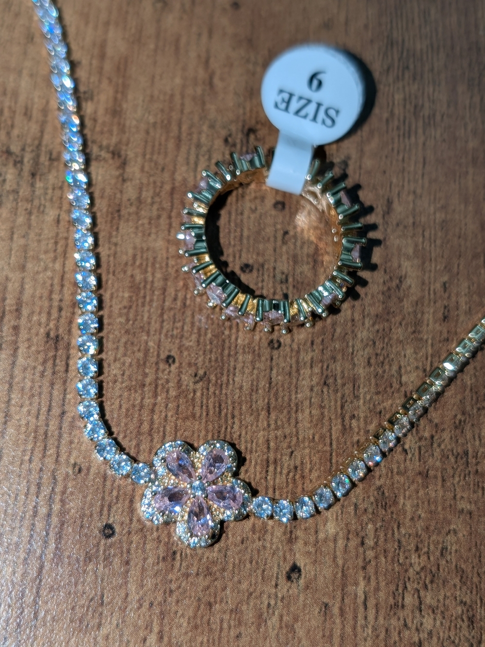 Gold-Tone Pink Crystal Flower Bracelet With Heart Ring